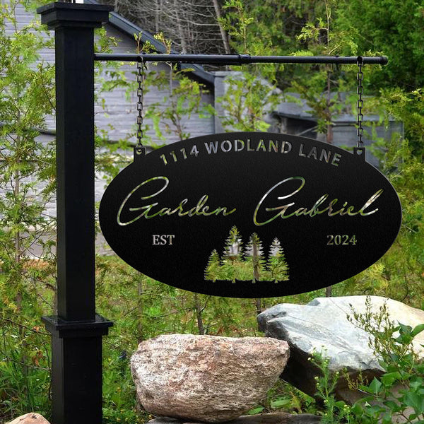 Personalized Address Door sign, Oval Metal Evergreen Sign, Lodge, Lake Homes or Cottages, Forest & Mountain House Numbers, Cabin Name Signs