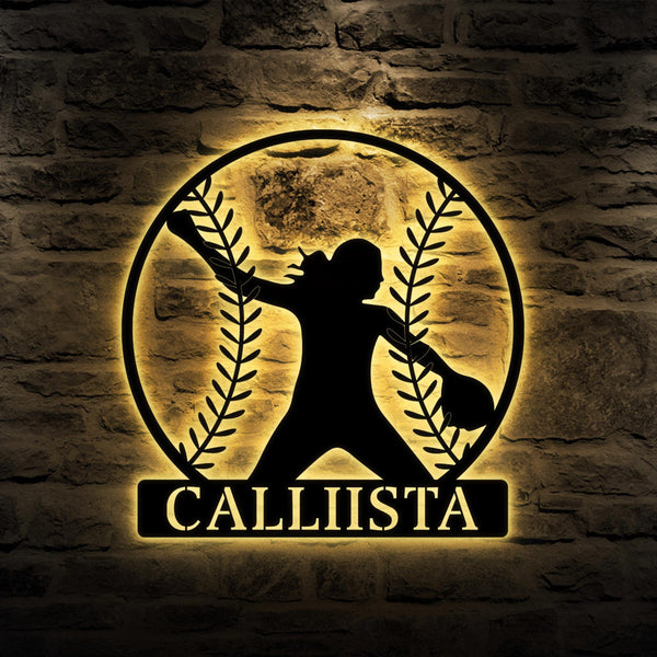 Custom Softball Girl Metal Wall LED lights, Personalized Softball Name Sign, Softball Lover Sign Decoration For Living Room, Kid Room Decor