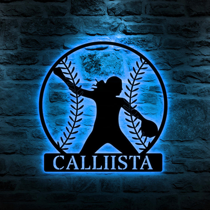 Custom Softball Girl Metal Wall LED lights, Personalized Softball Name Sign, Softball Lover Sign Decoration For Living Room, Kid Room Decor