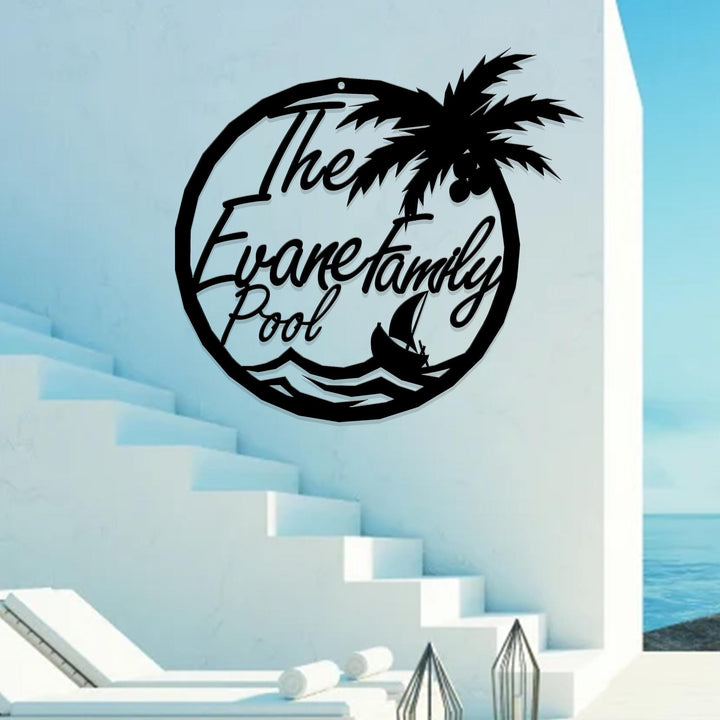 Personalized Pool House Metal Sign, Custom Family Pool Entry Metal Palm Wall Decor, Metal Palm Tree Pool Sign, Gift For Dad, Father's Day