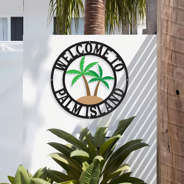 Personalized Welcome Palm Tree Scene Sign Metal Wall Art - Customizable Weatherproof Door Hanger | Outdoor Decor | Beach house Decor
