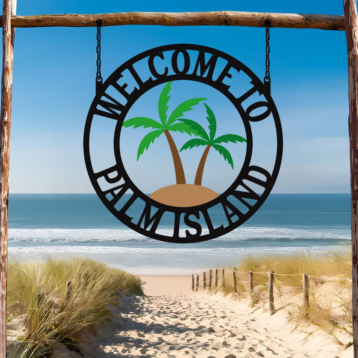 Personalized Welcome Palm Tree Scene Sign Metal Wall Art - Customizable Weatherproof Door Hanger | Outdoor Decor | Beach house Decor