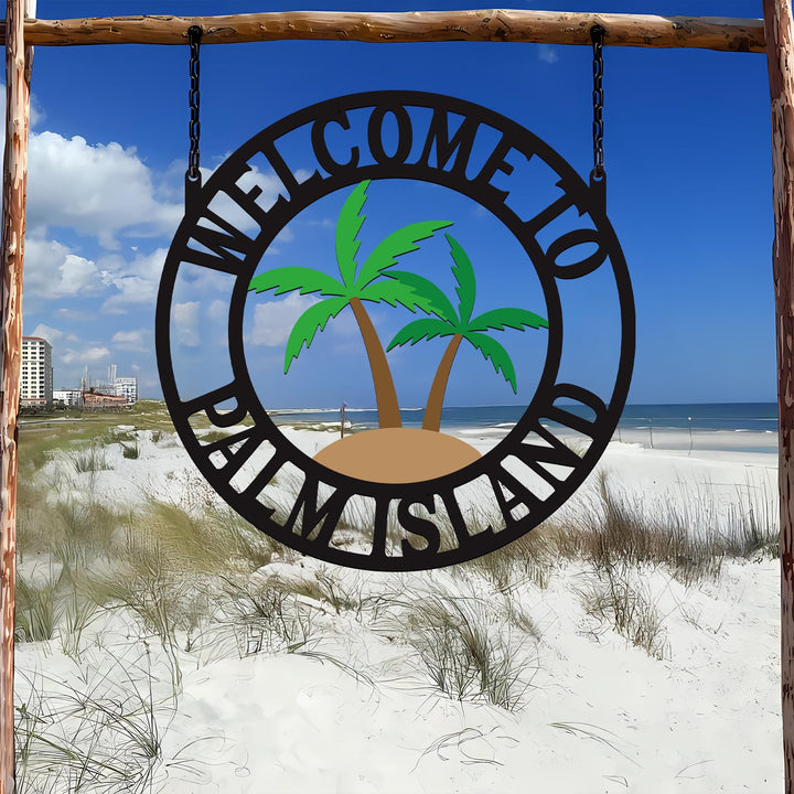 Personalized Welcome Palm Tree Scene Sign Metal Wall Art - Customizable Weatherproof Door Hanger | Outdoor Decor | Beach house Decor