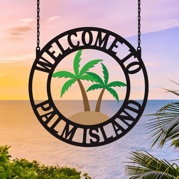 Personalized Welcome Palm Tree Scene Sign Metal Wall Art - Customizable Weatherproof Door Hanger | Outdoor Decor | Beach house Decor
