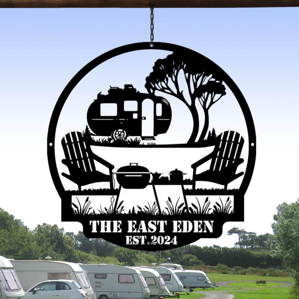 Personalized Wheel Camper Metal Sign With LED Light, Custom Camping Name Metal Wall Art, Campsite Decor, Happy Campers Sign, Camper Gift