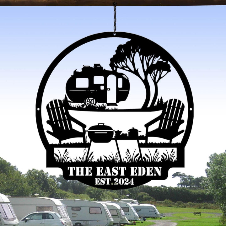 Personalized Wheel Camper Metal Sign With LED Light, Custom Camping Name Metal Wall Art, Campsite Decor, Happy Campers Sign, Camper Gift