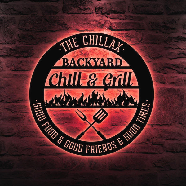 Custom Bar & Grill Metal Sign With LED Light, Personalized Backyard Chill And Grill, Backyard Patio Decor, Outdoor Bar Sign, Backyard Decor
