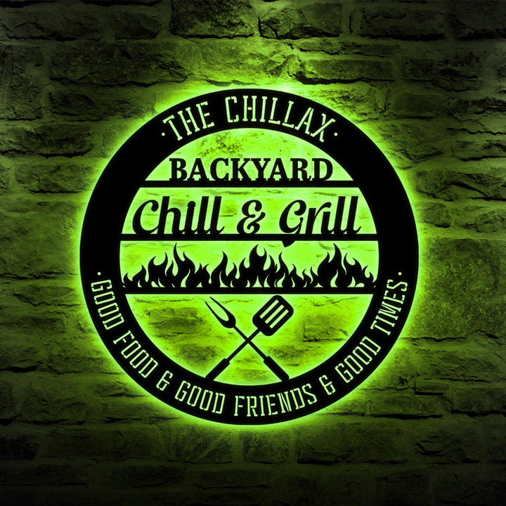 Custom Bar & Grill Metal Sign With LED Light, Personalized Backyard Chill And Grill, Backyard Patio Decor, Outdoor Bar Sign, Backyard Decor