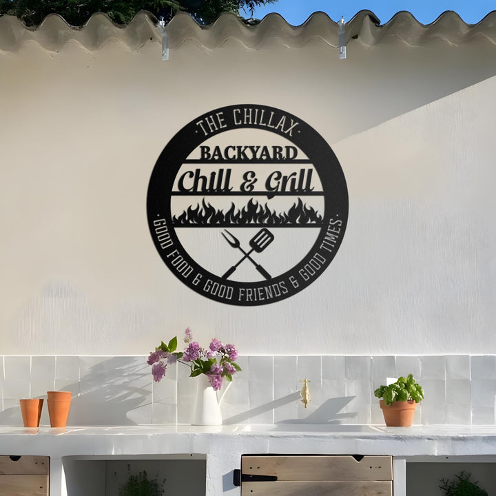 Custom Bar & Grill Metal Sign With LED Light, Personalized Backyard Chill And Grill, Backyard Patio Decor, Outdoor Bar Sign, Backyard Decor