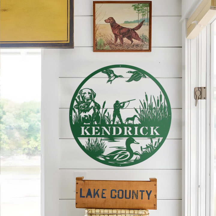 Custom Duck Hunting Metal Wall Art, Personalized Hunter Name Sign with Lab Dog and Birds, Rustic Cabin or Farmhouse Outdoor Decor Gift