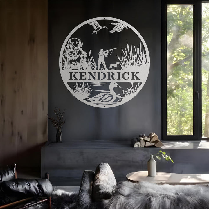 Custom Duck Hunting Metal Wall Art, Personalized Hunter Name Sign with Lab Dog and Birds, Rustic Cabin or Farmhouse Outdoor Decor Gift