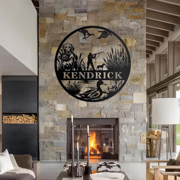 Custom Duck Hunting Metal Wall Art, Personalized Hunter Name Sign with Lab Dog and Birds, Rustic Cabin or Farmhouse Outdoor Decor Gift