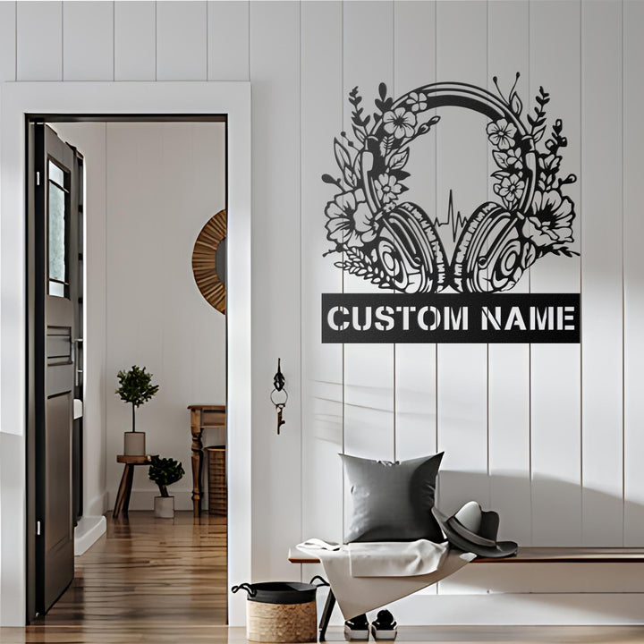 Custom Earphones Metal Wall Art, Personalized Headphones Decor, Musical Instrument, Music Lovers Gift,Sound Studio DJ Club Name Sign,Musical
