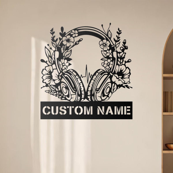 Custom Earphones Metal Wall Art, Personalized Headphones Decor, Musical Instrument, Music Lovers Gift,Sound Studio DJ Club Name Sign,Musical