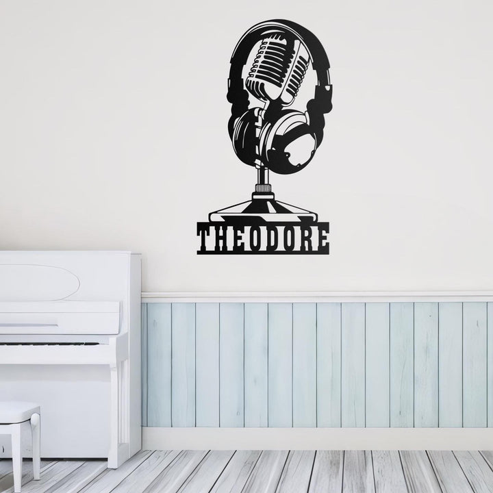 Custom Music Audio Studio Metal Wall Art with LED Lights, Microphone Headphones Name Sign, Home Decor, Musical Musician Room Decoration