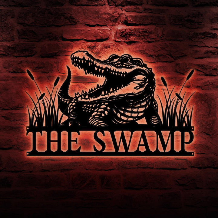 Custom Alligator Metal Sign LED Lights, Crocodile Wall Art, Personalized Metal Animal Name Sign, Swamp Decor, Gator Home Decor