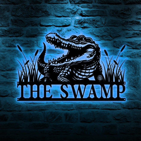 Custom Alligator Metal Sign LED Lights, Crocodile Wall Art, Personalized Metal Animal Name Sign, Swamp Decor, Gator Home Decor