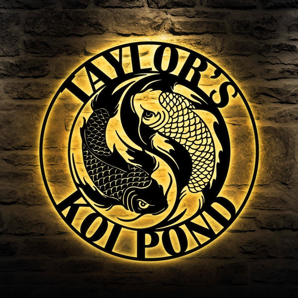 Personalized Koi Pond Metal Sign LED Light, Custom Koi Fish Outdoor Wall Art, Garden Koi Fish Name Sign, Pond Decor, Gift for Fish Lover
