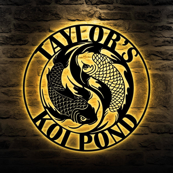 Personalized Koi Pond Metal Sign LED Light, Custom Koi Fish Outdoor Wall Art, Garden Koi Fish Name Sign, Pond Decor, Gift for Fish Lover