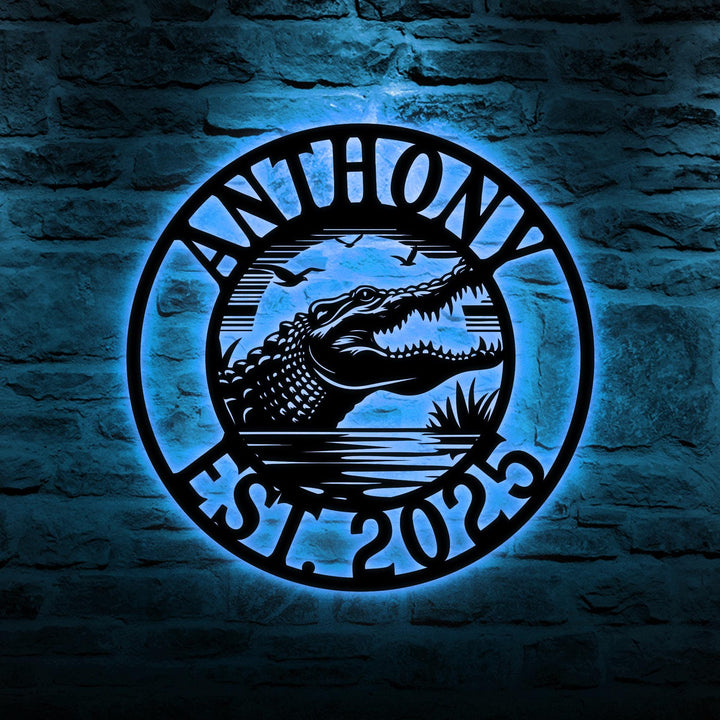 Custom Crocodile Metal Sign Led Lights, Metal Alligator Sign, Personalized Crocodile Wall Art Decor, Wall Hanging, Outdoor Decor, Swamp Sign