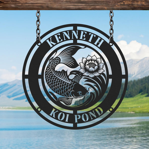 Custom Koi Fish Metal Wall Art, Personalized Koi Pond Sign, Outdoor Fish Decor, Koi Lotus Metal Sign, Garden or Patio Wall Decor