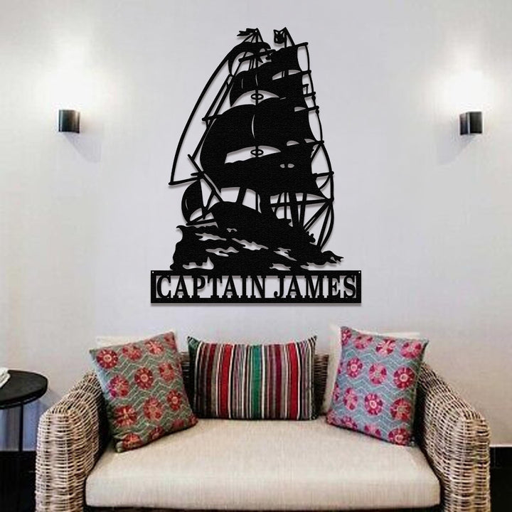 Personalized Pirate Ship Metal Sign – Custom Captain Name Metal Wall Art for Nautical Bathroom, Beach House, or Coastal Room Decor