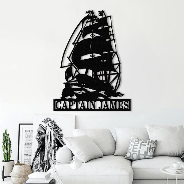 Personalized Pirate Ship Metal Sign – Custom Captain Name Metal Wall Art for Nautical Bathroom, Beach House, or Coastal Room Decor