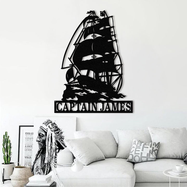 Personalized Pirate Ship Metal Sign – Custom Captain Name Metal Wall Art for Nautical Bathroom, Beach House, or Coastal Room Decor