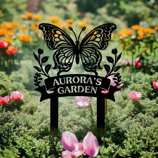 Personalized Butterfly Garden Stake Sign – Custom Metal Garden Name Yard Decor, Butterfly Flower Sign, Gift for Mom, Gardener Outdoor Decor