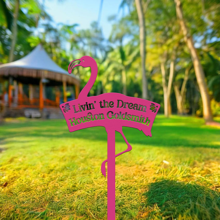 Personalized Flamingo Metal Sign – Custom Tropical Garden Stake, Livin’ the Dream Yard Decor, Flamingo Pool Sign or Beach House Gift