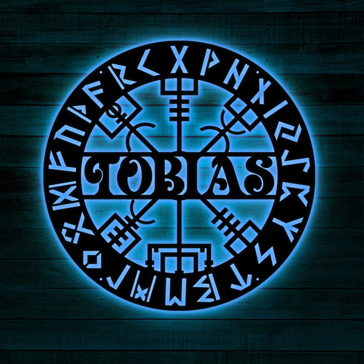 Personalized Viking Metal Sign with LED Light – Custom Vegvisir Name Wall Art, Norse Compass Decor, Gift for Dad, Son, or Husband’s Room
