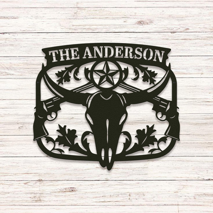 Texas Longhorn Monogram Metal Sign – Custom Cowboy Skull Wall Art with Name, Western Ranch Decor, Outdoor Fireplace or Man Cave Sign