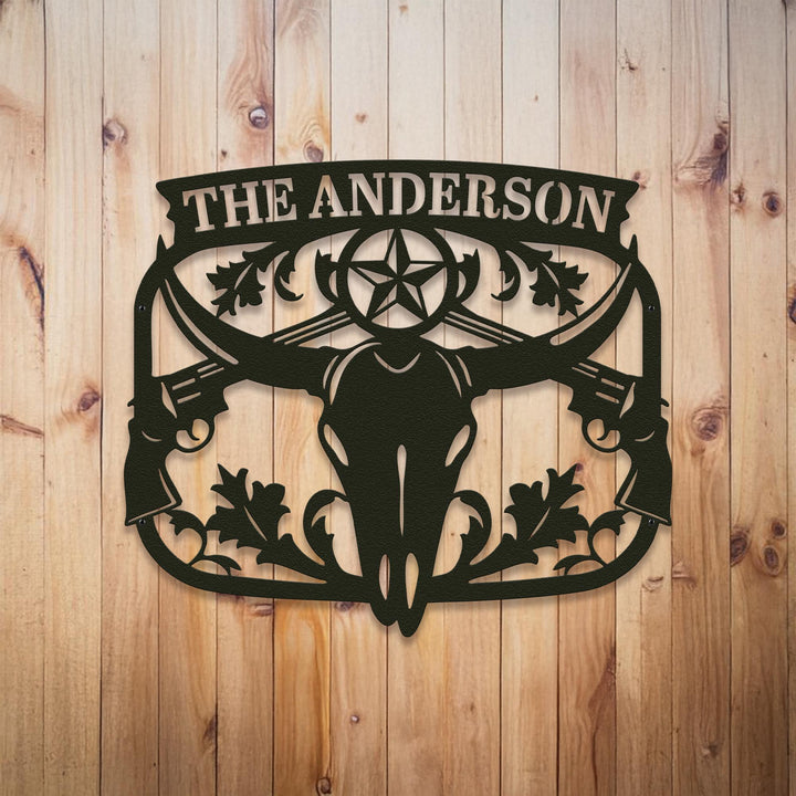 Texas Longhorn Monogram Metal Sign – Custom Cowboy Skull Wall Art with Name, Western Ranch Decor, Outdoor Fireplace or Man Cave Sign