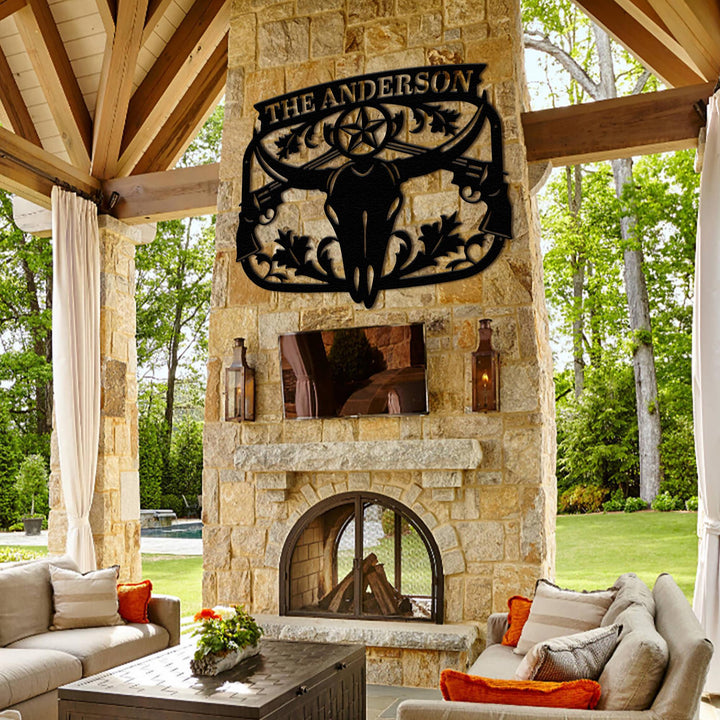 Texas Longhorn Monogram Metal Sign – Custom Cowboy Skull Wall Art with Name, Western Ranch Decor, Outdoor Fireplace or Man Cave Sign