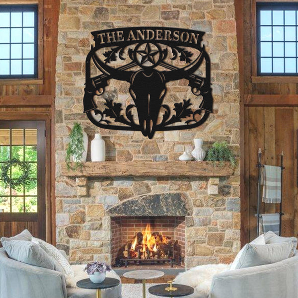 Texas Longhorn Monogram Metal Sign – Custom Cowboy Skull Wall Art with Name, Western Ranch Decor, Outdoor Fireplace or Man Cave Sign