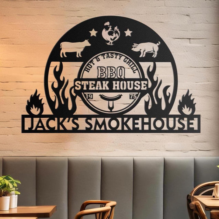 Personalized BBQ Metal Sign, Custom BBQ Name Sign, Smokehouse Metal Sign, Barbecue Metal Sign, Patio Metal Sign, BBQ Decor, Family Gifts