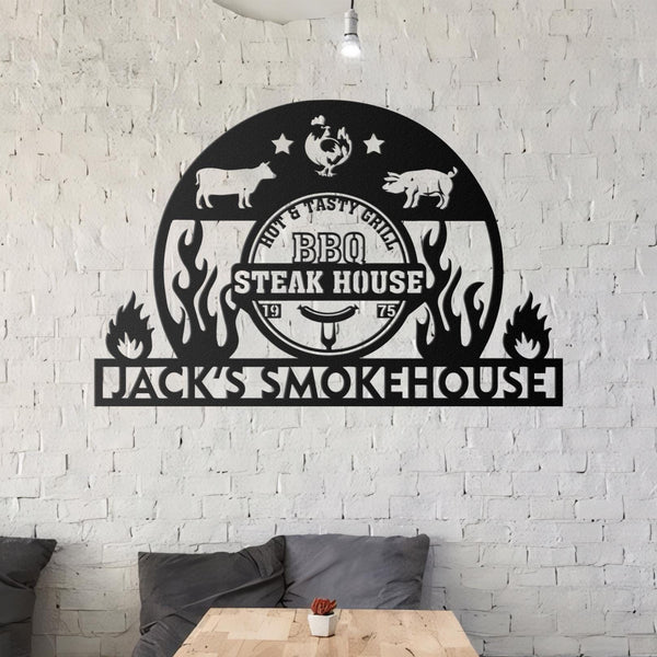 Personalized BBQ Metal Sign, Custom BBQ Name Sign, Smokehouse Metal Sign, Barbecue Metal Sign, Patio Metal Sign, BBQ Decor, Family Gifts