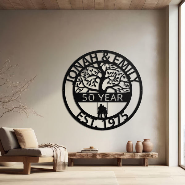 Custom Anniversary Metal Sign, 50th Anniversary Gift, Tree of life Metal Wall Art, Wedding Anniversary Sign, Personalized Family Name Sign