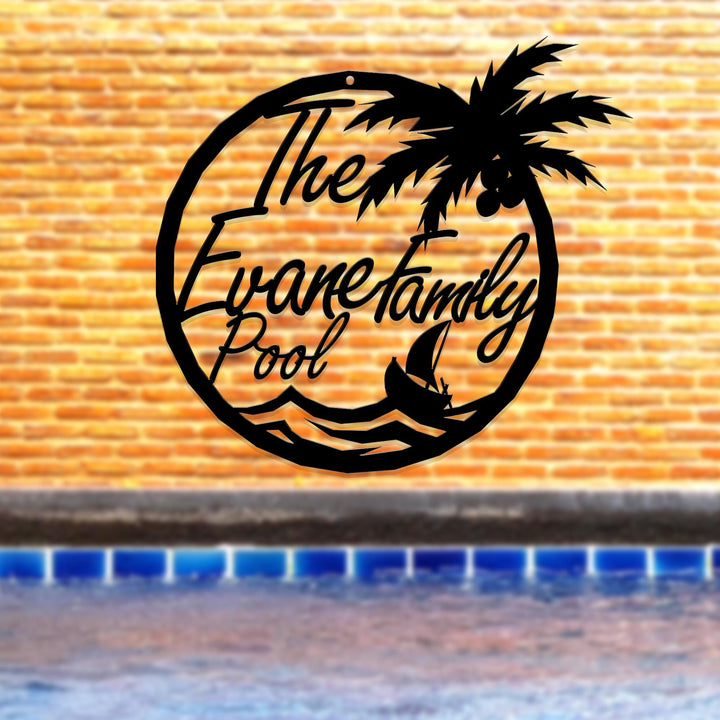 Personalized Pool House Metal Sign, Custom Family Pool Entry Metal Palm Wall Decor, Metal Palm Tree Pool Sign, Gift For Dad, Father's Day
