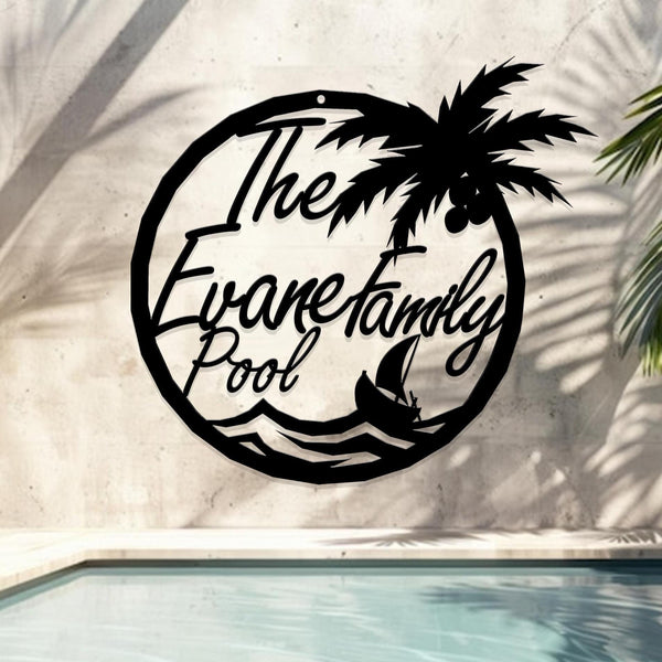 Personalized Pool House Metal Sign, Custom Family Pool Entry Metal Palm Wall Decor, Metal Palm Tree Pool Sign, Gift For Dad, Father's Day