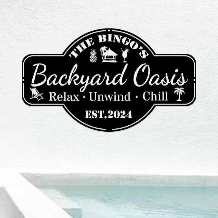 Personalized Backyard Pool Metal Sign, Outdoor Wall Decor, Pool Signs for Outdoor, Custom Backyard Oasis Sign Patio Decor, Gift For Dad