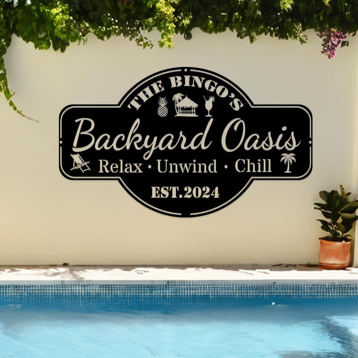 Personalized Backyard Pool Metal Sign, Outdoor Wall Decor, Pool Signs for Outdoor, Custom Backyard Oasis Sign Patio Decor, Gift For Dad