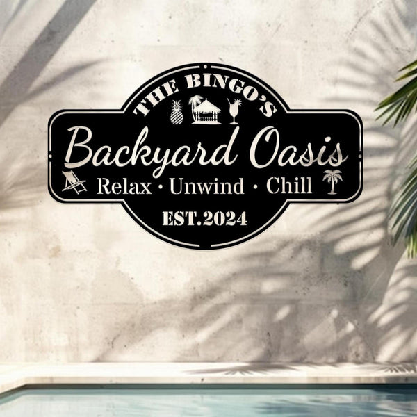 Personalized Backyard Pool Metal Sign, Outdoor Wall Decor, Pool Signs for Outdoor, Custom Backyard Oasis Sign Patio Decor, Gift For Dad