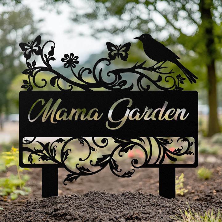 Custom Garden Name Sign, Personalized Flower Garden Decor, Metal Bird Garden Sign, Lawn Sign with Stake, Butterfly Garden Decor, Home Gift