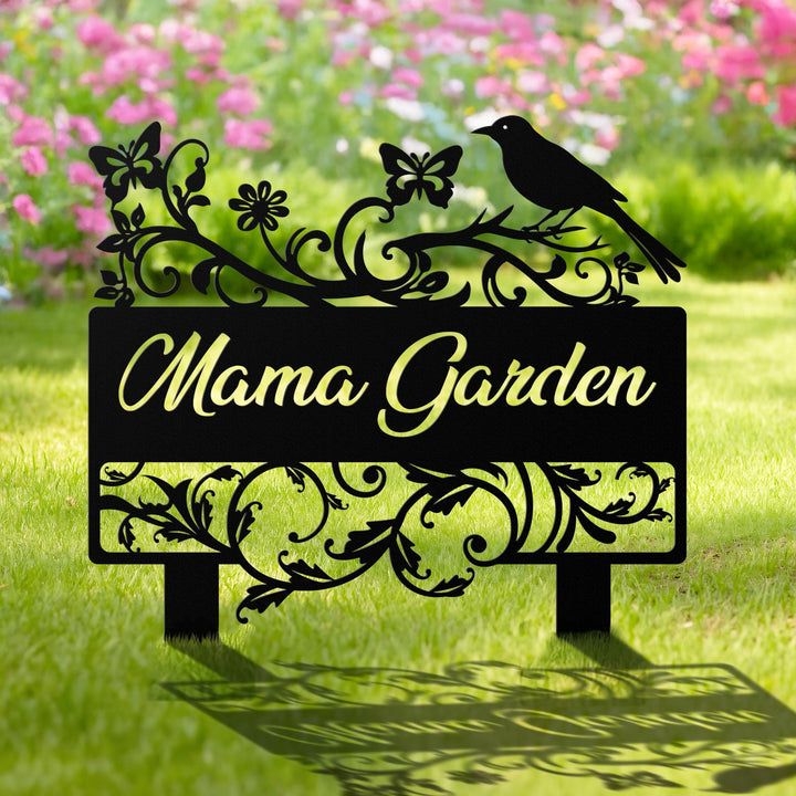 Custom Garden Name Sign, Personalized Flower Garden Decor, Metal Bird Garden Sign, Lawn Sign with Stake, Butterfly Garden Decor, Home Gift