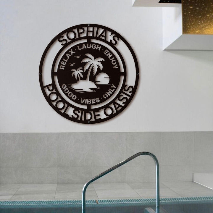 Decorative Pool Metal Sign, Personalized Family Poolside Hanging Decor Exterior Laser Cut Metal Wall Art Beach House Patio Steel Outdoor