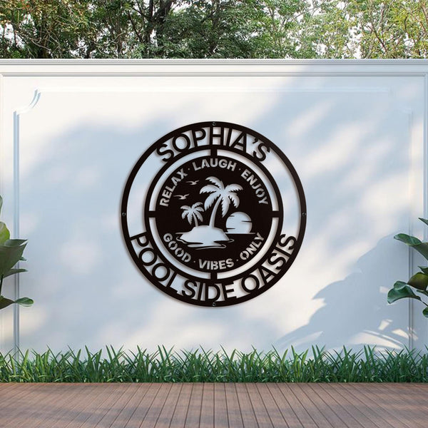Decorative Pool Metal Sign, Personalized Family Poolside Hanging Decor Exterior Laser Cut Metal Wall Art Beach House Patio Steel Outdoor
