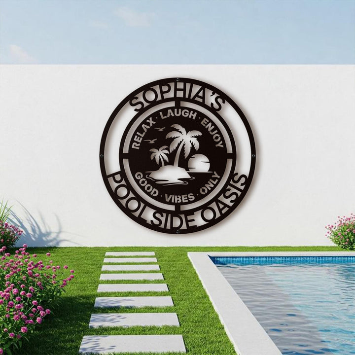 Decorative Pool Metal Sign, Personalized Family Poolside Hanging Decor Exterior Laser Cut Metal Wall Art Beach House Patio Steel Outdoor