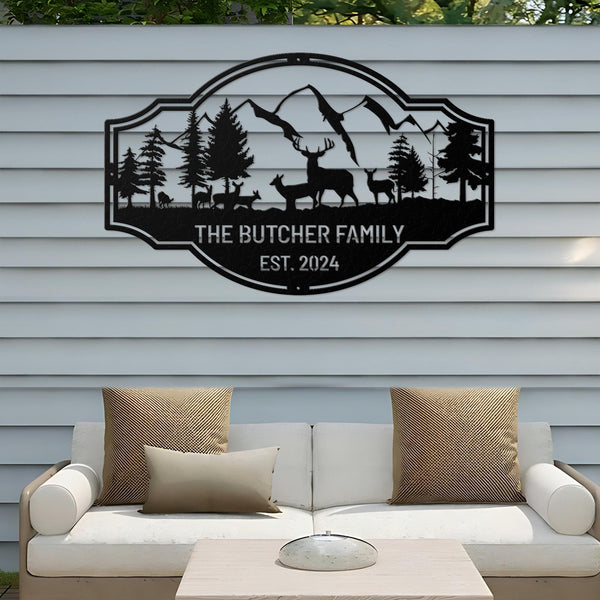Personalized Last Name Signs for Home, Deer Forest Custom Metal Name Sign, Metal Outdoor Signs, Deer Hunter Sign,Metal Camping Sign Dad Gift