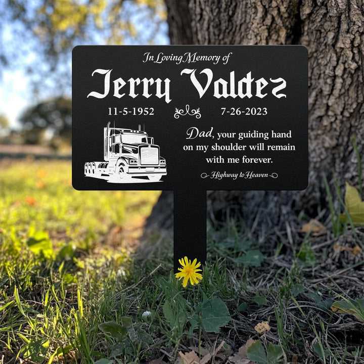 Custom Memorial Semi Truck Plaque with Stake, Sturdy Metal Garden Marker, Memorial Semi Truck Sign, Remembrance Plaque, Tree Plaque Marker